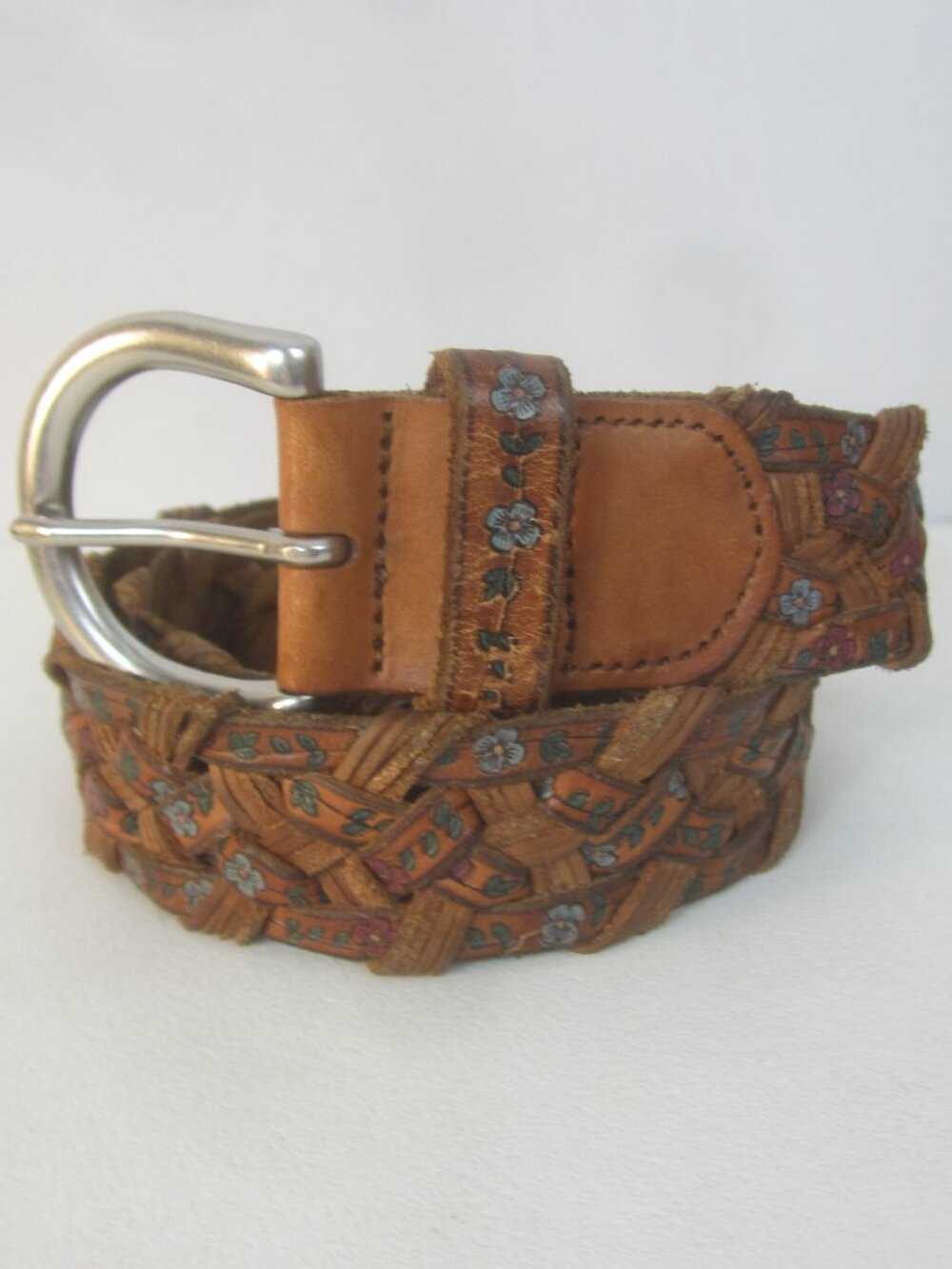 Fossil Women Small Brown Leather Woven Belt Tooled Blue Flowers 30" - 34" Boho